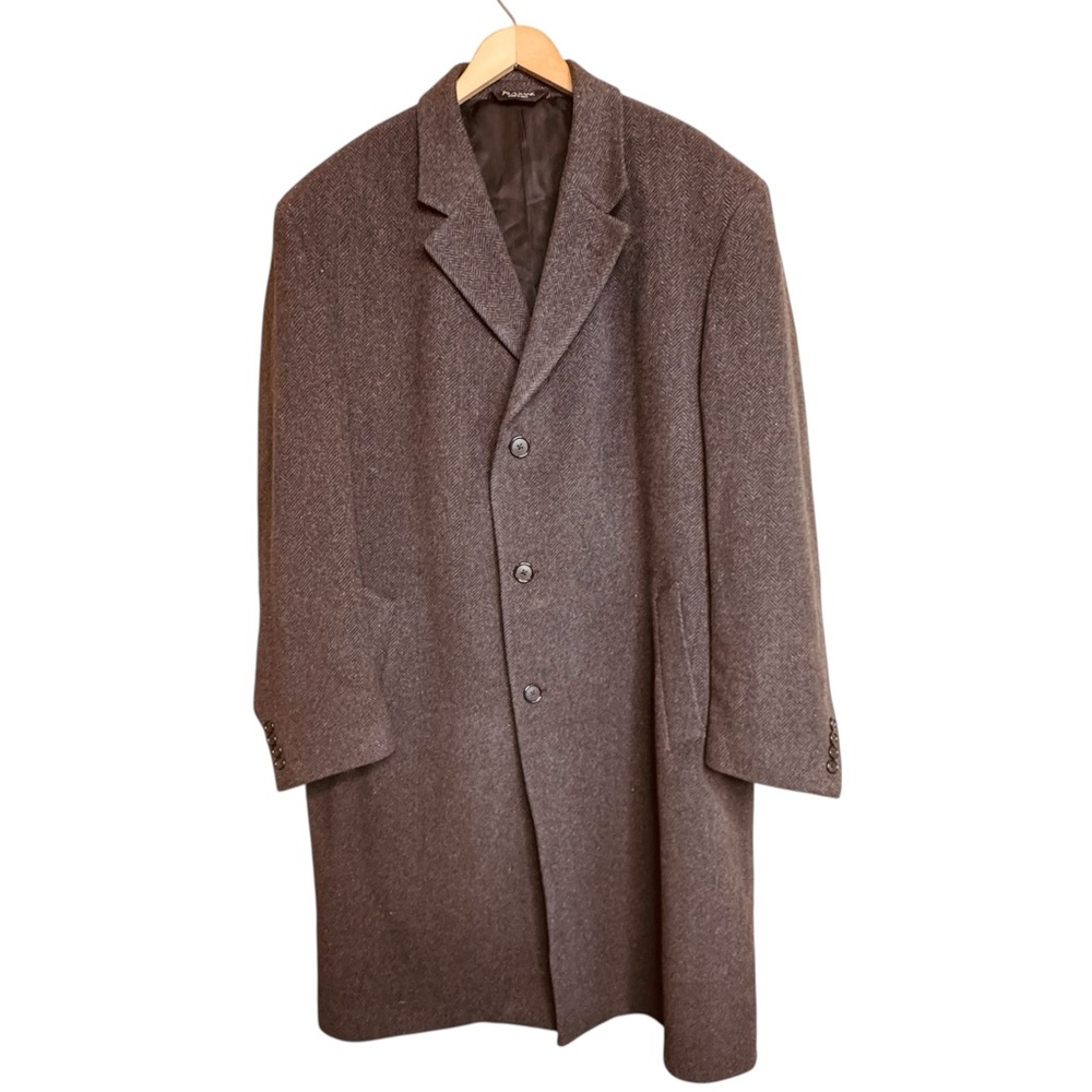 JOS A BANK 44R 100% Wool Men's Overcoat Topcoat Gray Single Breast Herringbone